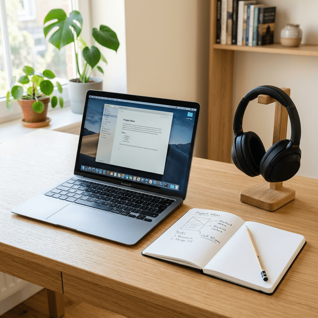 Open laptop displaying project ideas beside a notebook with handwritten notes and a pencil on a wooden desk