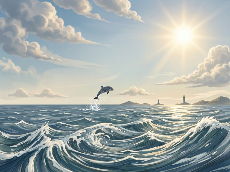 Dolphin leaping from the ocean with splash and sun