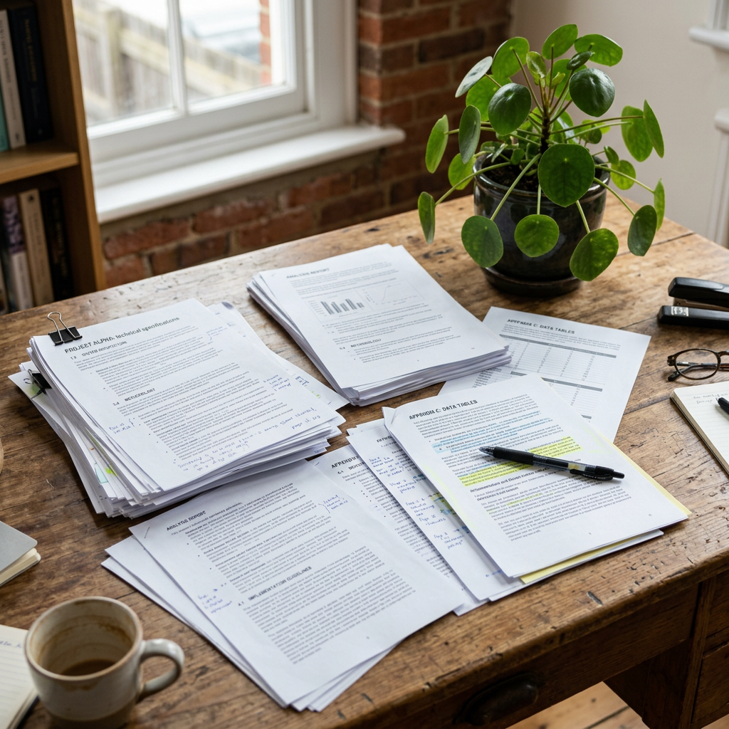 Annotated research papers, pen, coffee, and potted plant on desk